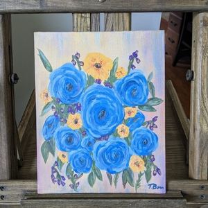 Original Art Painting Acrylic Blue Yellow Farmhouse Flowers Hand Crafted